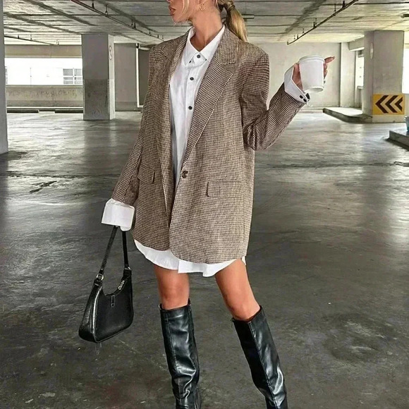 Brown Preppy Womens Lapel Neck Flap Detail Single Button Blazer - Picture 4 of 5